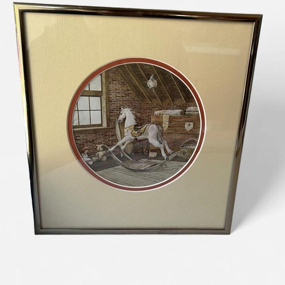 Vintage rocking horse Victorian style print w polished brass frame baby nursery